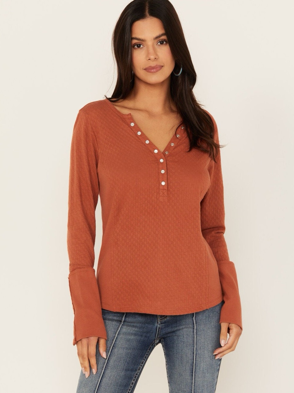 Idyllwind Miranda Lambert Pearl Knit Henley Snap Cuff Top | Rust | Medium
